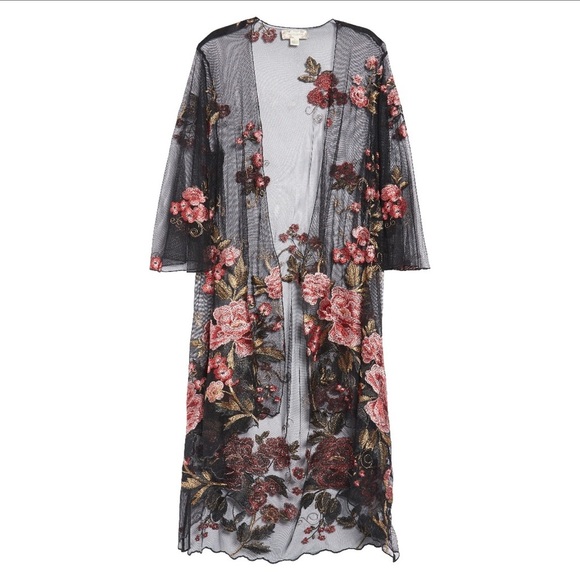 Band of Gypsies Sunset Sheer Embroidered Kimono In Black/ Rose - Picture 12 of 16